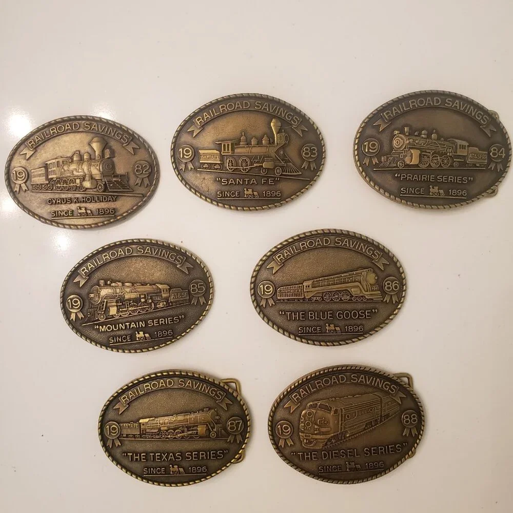 Railroad Savings and Loan Belt Buckle Complete Set 7 Newton Kansas Santa Fe‎